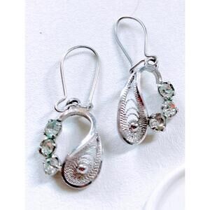 Vintage Silver filigree flower Hook And Loop Pierced Earrings Rhinestones